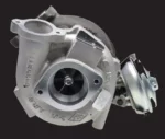 Silver turbocharger with visible turbine and housing.
